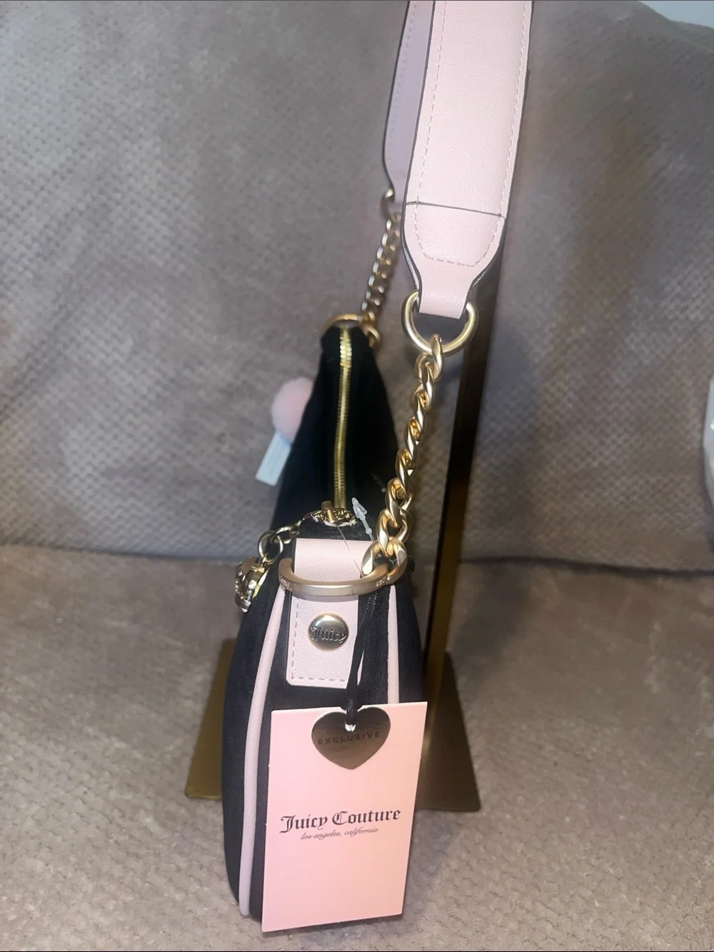 Juicy Couture Black Velvet Shoulder Bag with Pink Trim and Gold Chain